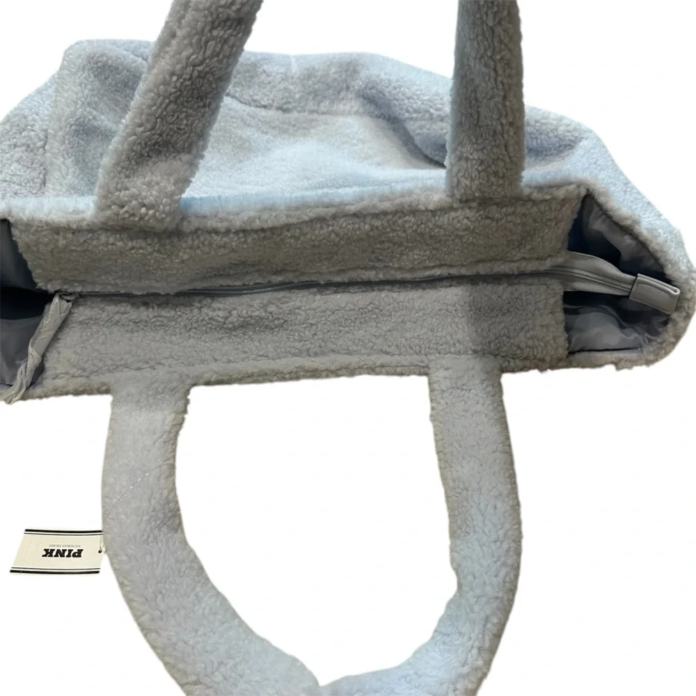 Victoria's Secret PINK Plush Teddy Faux Fur Tote Bag‎ Baby blue NWT